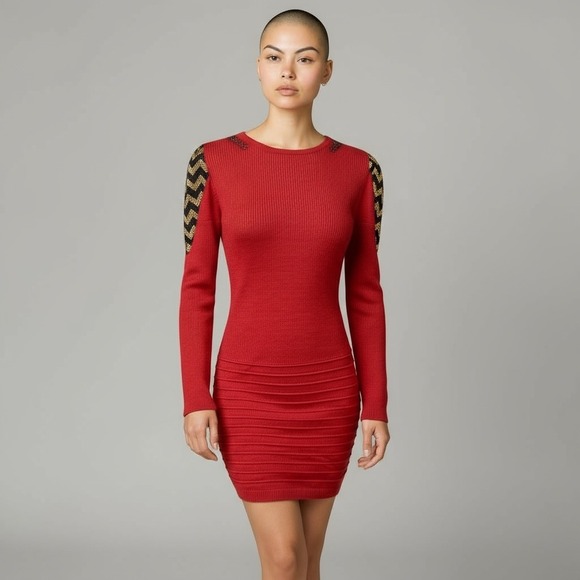 Dresses & Skirts - Red Ribbed Long Sleeve Knit Bodycon‎ Mini Dress w/ Embellished Chevron Shoulders